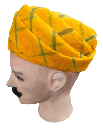 Stylish Jodhpuri Turban Head Wrap, Yellow with Green Pattern, Cotton Fabric