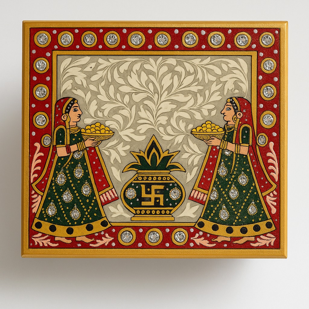DEHATIBAZAR Decorative Marble Ganesh Chowki 4x4 inch | Set with Traditional Art | Kundan Work | Red and Green Design | Handcrafted