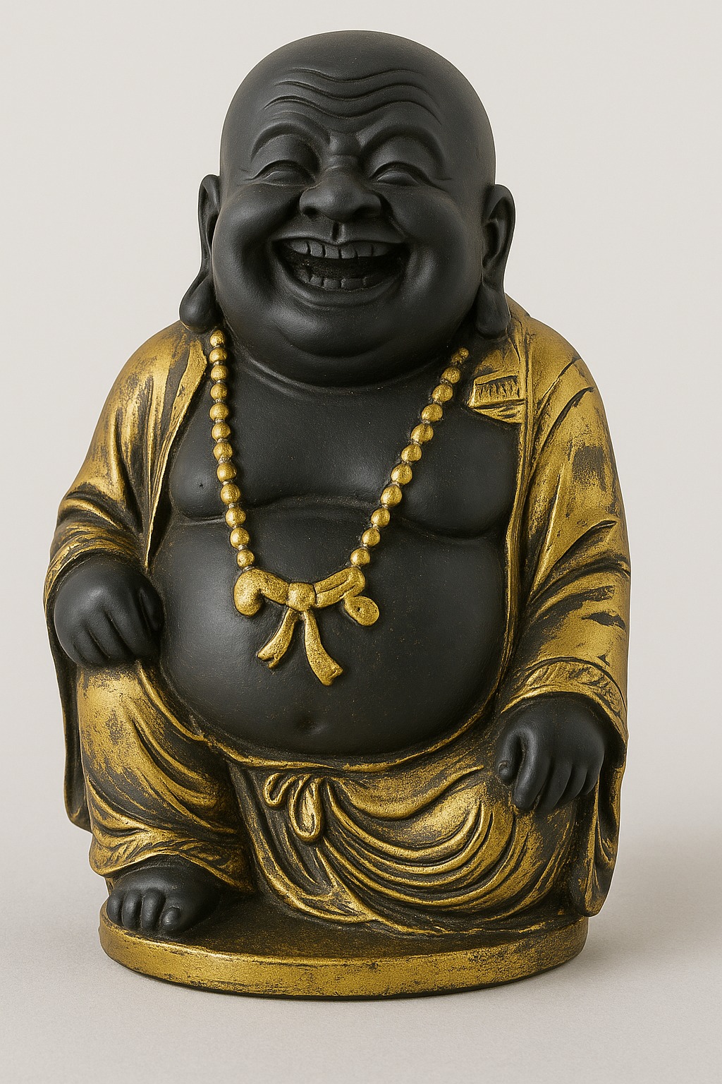 DEHATIBAZAR | Laughing Buddha Statue | Black and Gold | Traditional Decorative Figurine with Beaded Necklace