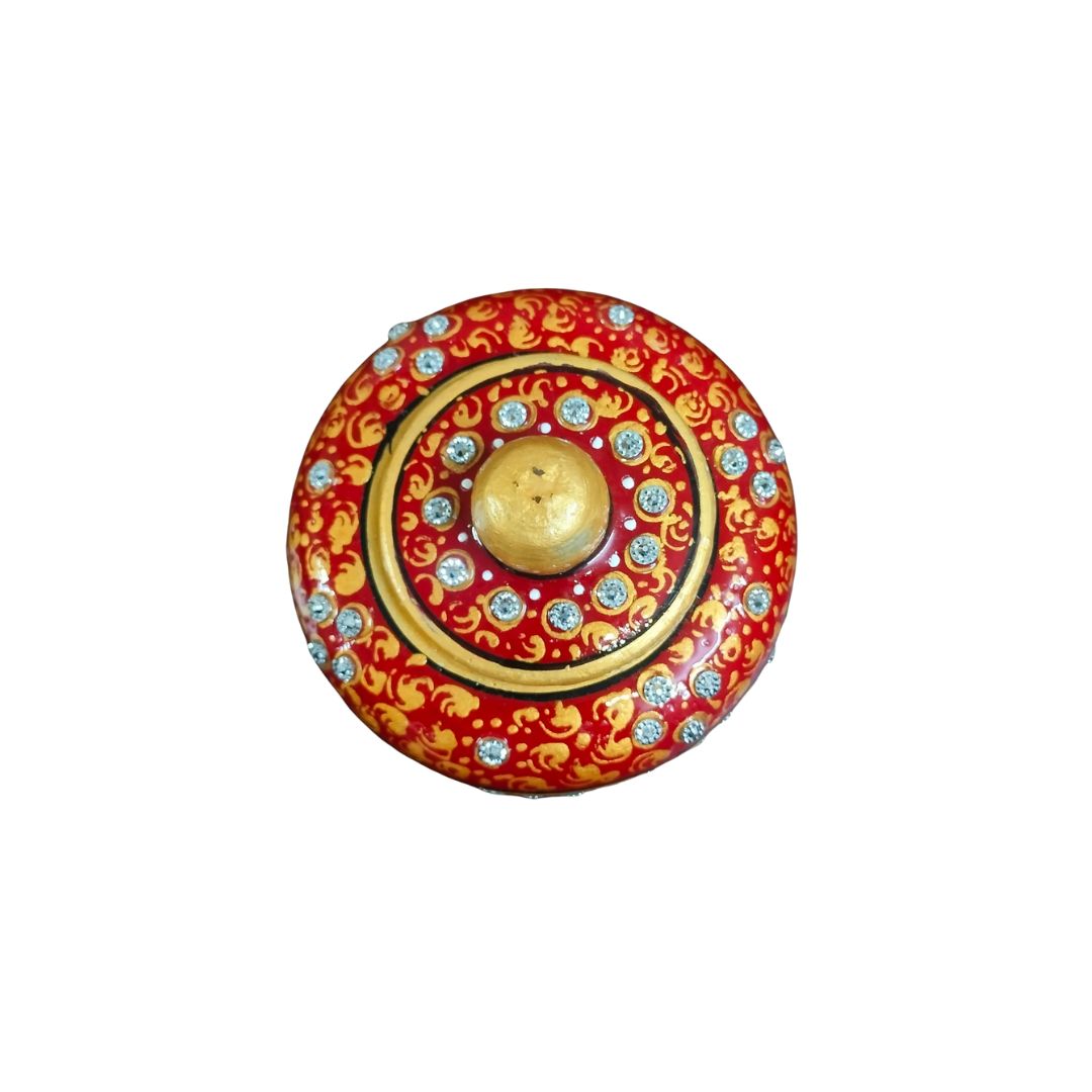 DEHATIBAZAR | Decorative Marble Sindoor Dani with Crystal Embellishments | Red and Gold Traditional Design, 3 inch