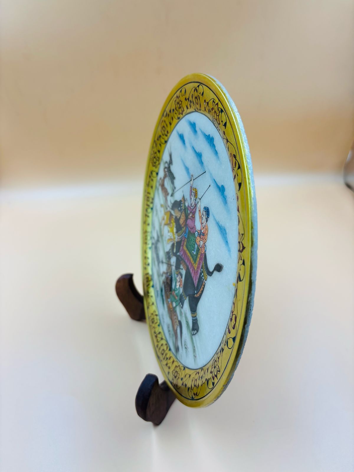 DEHATIBAZAR  | Handpainted Marble 9 inch Plate with Hunting Scene |  Gold Floral Border | Traditional Indian Art | Wooden Stand  Box