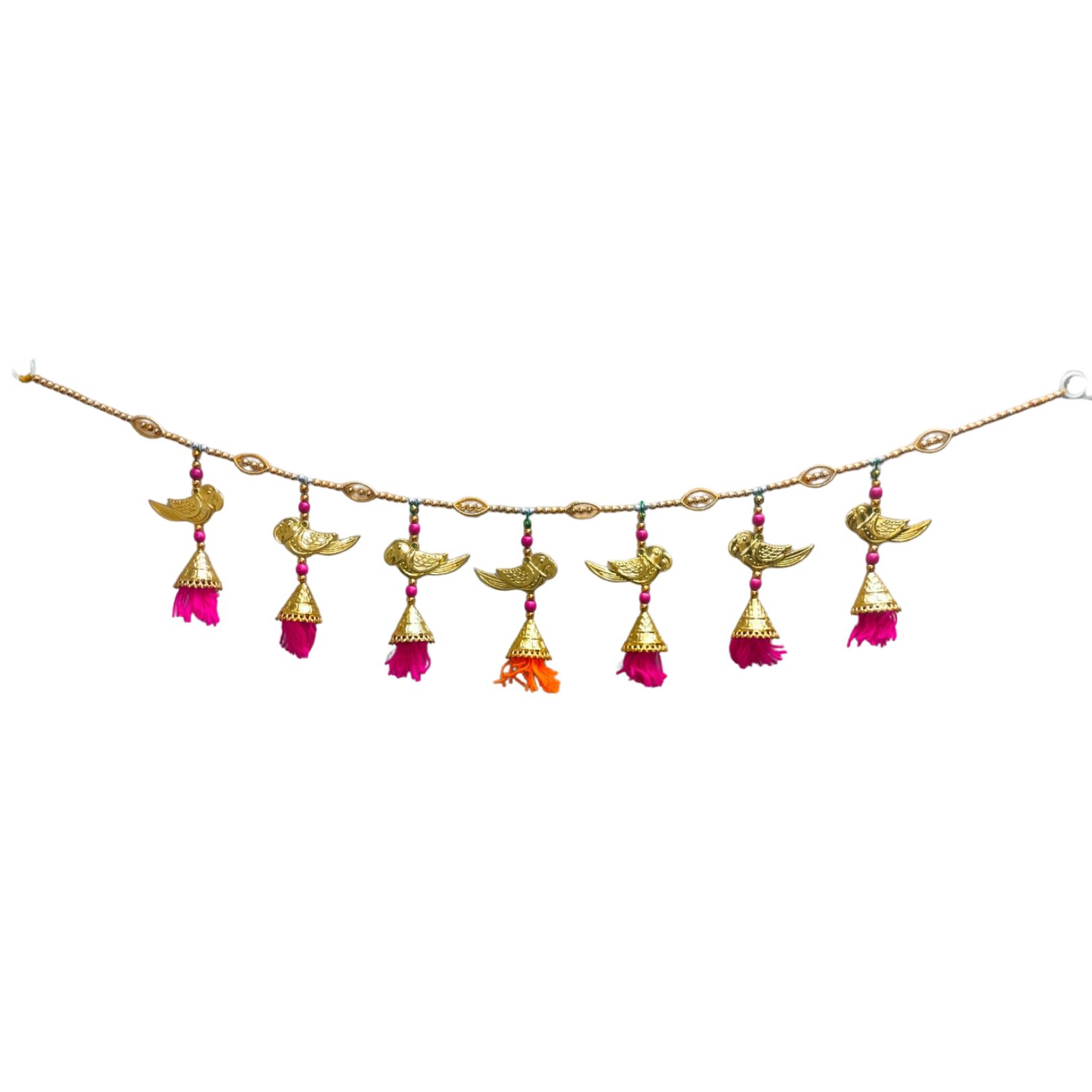 DEHATIBAZAR | Decorative Toran Door Hanging, Gold Bird Design with Pink and Orange Tassels, Traditional Wall Decor