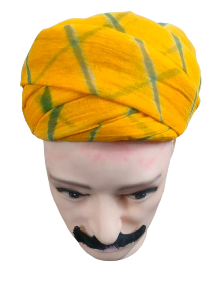 Stylish Jodhpuri Turban Head Wrap, Yellow with Green Pattern, Cotton Fabric