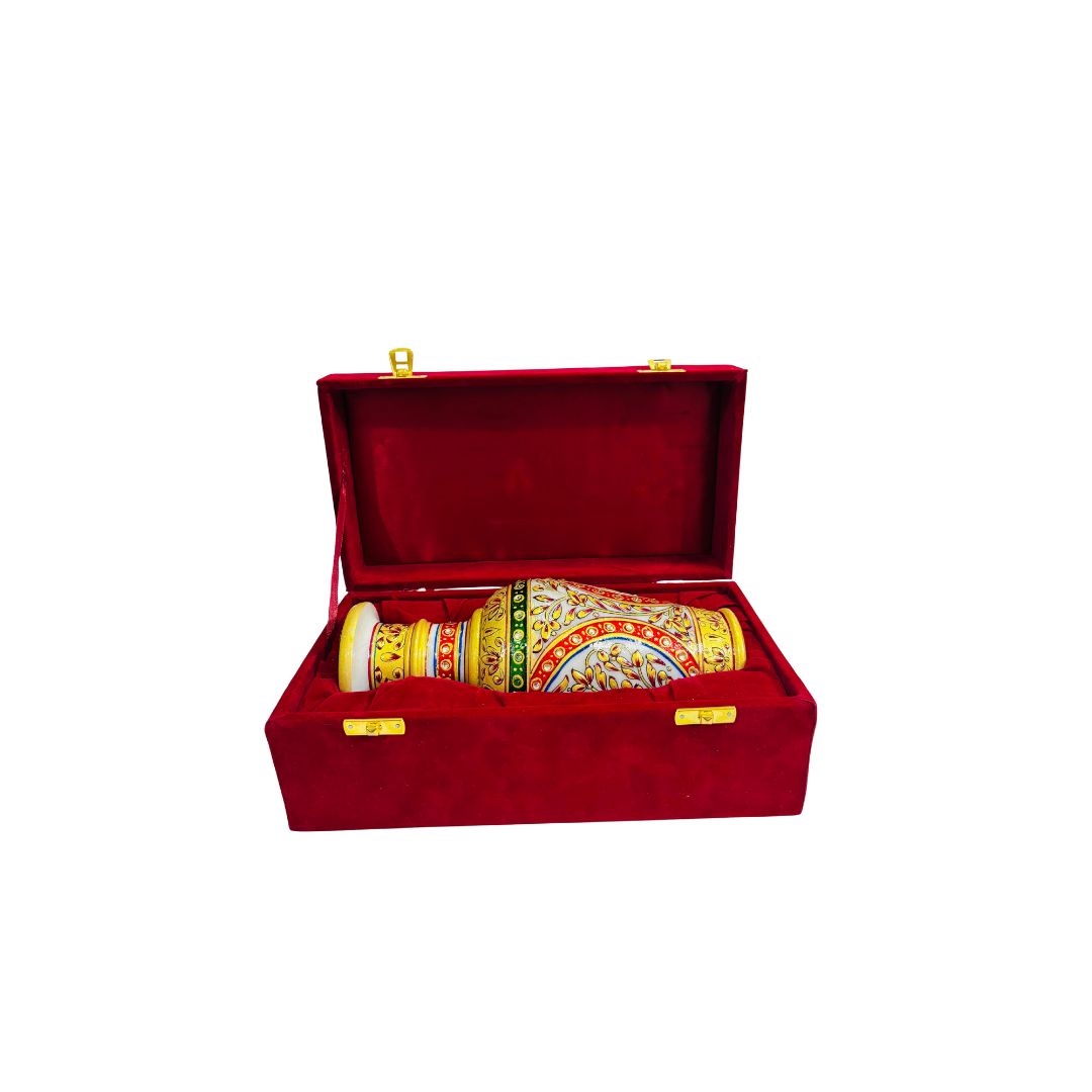 DEHATIBAZAR | Decorative Marble Vase 9 inch with Floral Design | Red and Gold Pattern | Velvet Gift Box