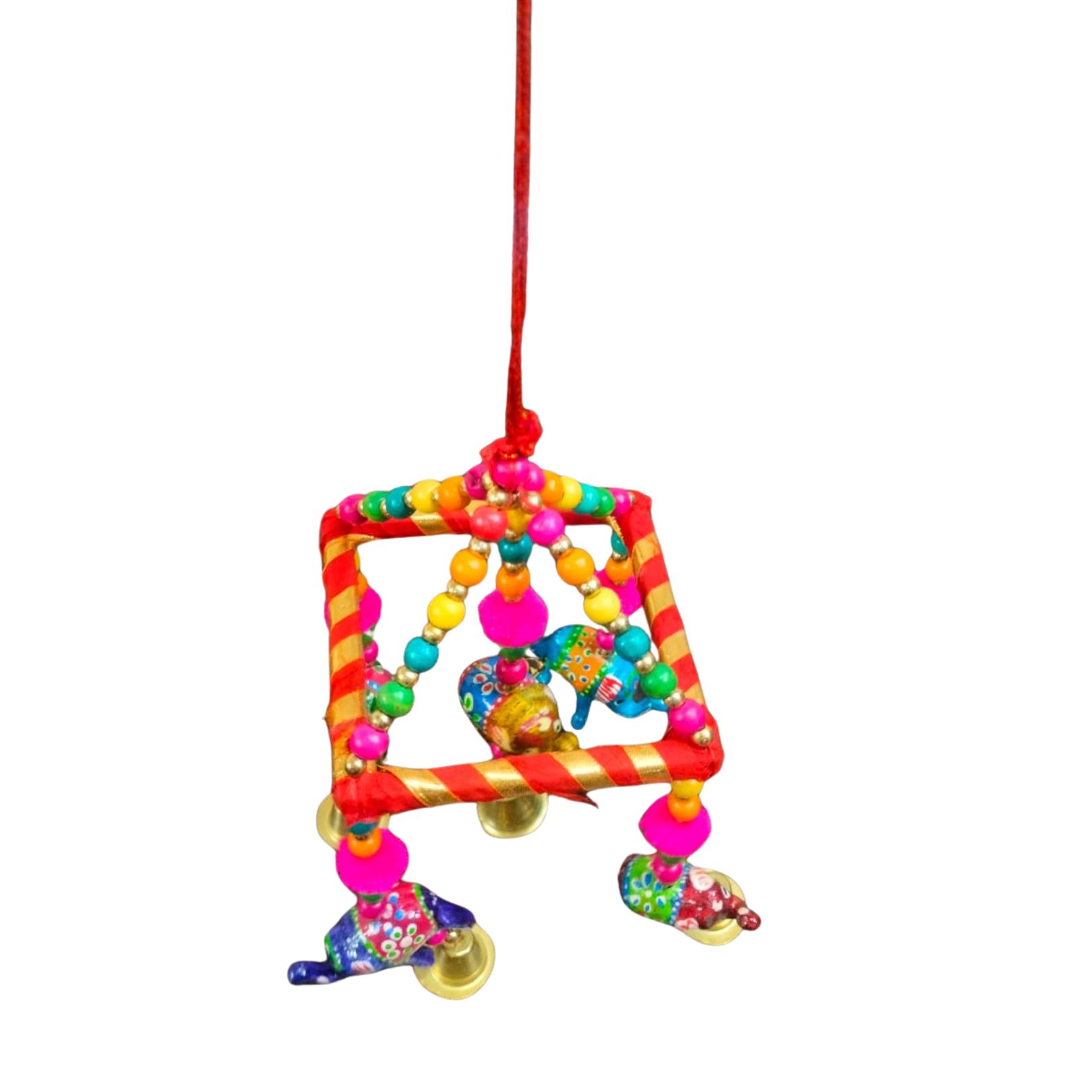 DEHATIBAZAR | Handcrafted Decorative Elephant Wind Chime, Multicolour Beaded Hanging with Brass Bells