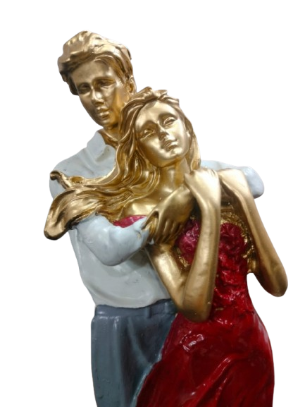 Romantic Dancing Couple Figurine, Red Dress and Blue Casual Wear, Decorative Resin Sculpture, Gold-Toned Accents