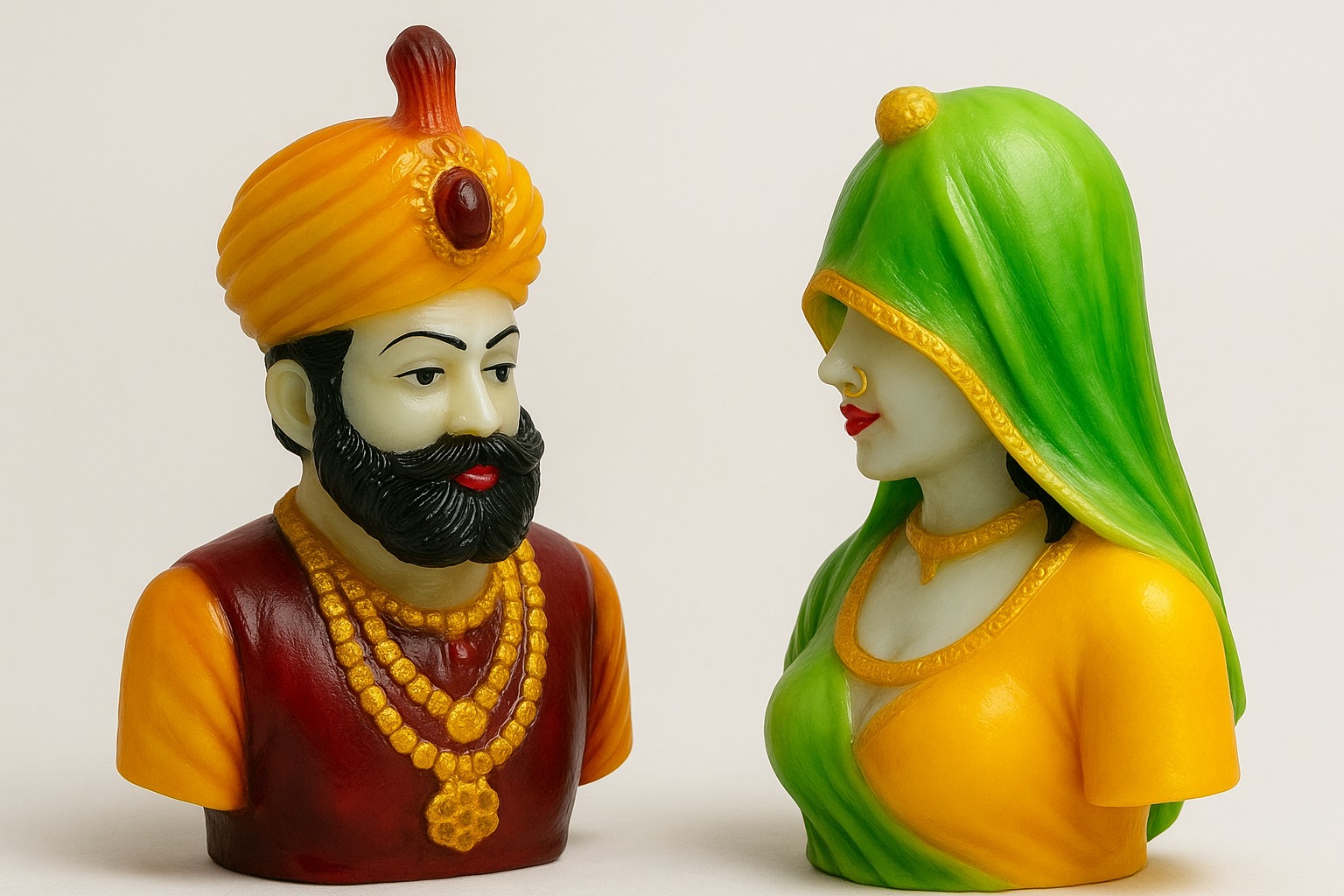 DEHATIBAZAR |Traditional Indian Decorative Couple Figurine Set | Royal Rajasthani Style | Handcrafted Resin Busts | Yellow and Green