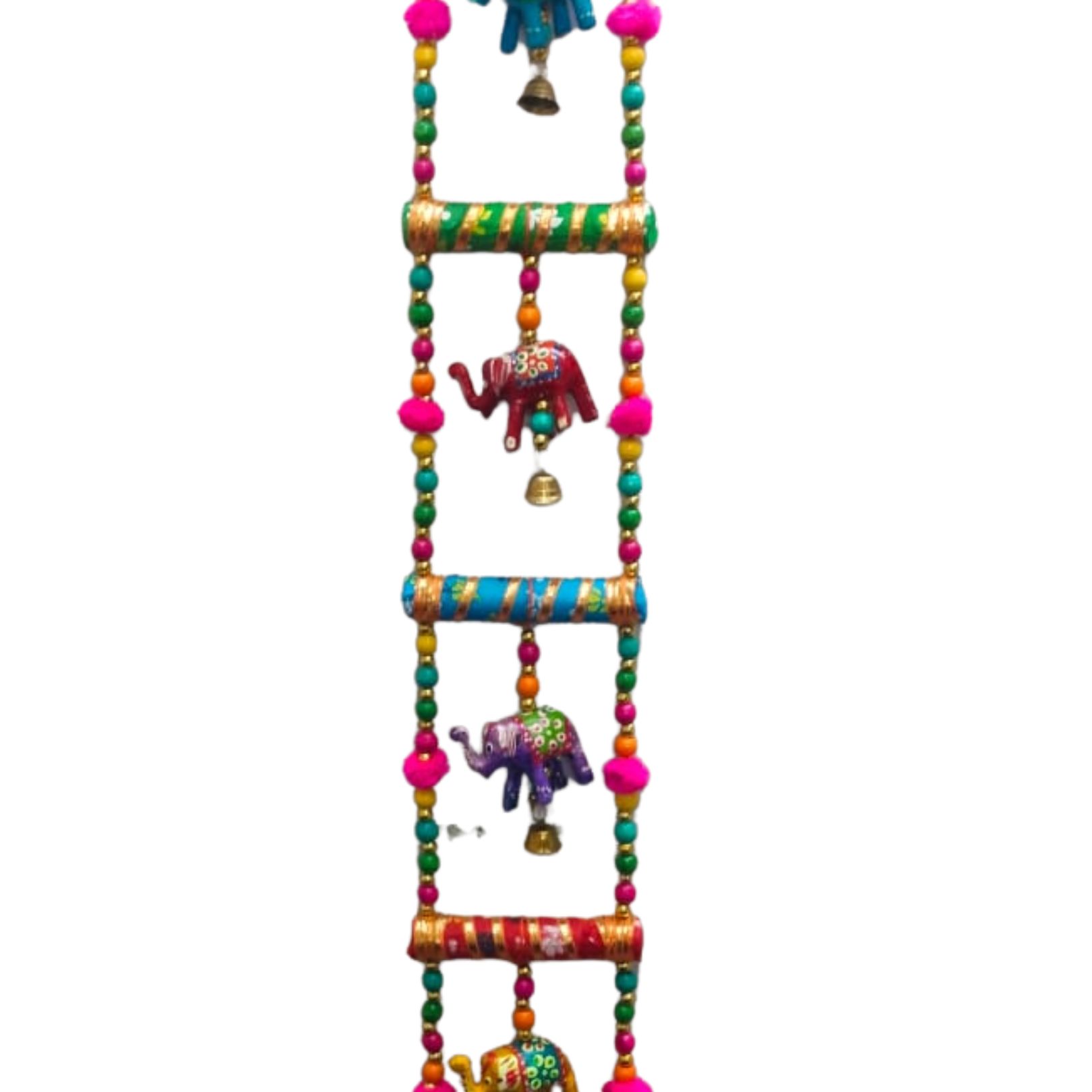 DEHATIBAZAR | Decorative Dandiya Wall Hanging , Multicolour Beaded Elephant Design with Bells, Traditional Indian Door Decor