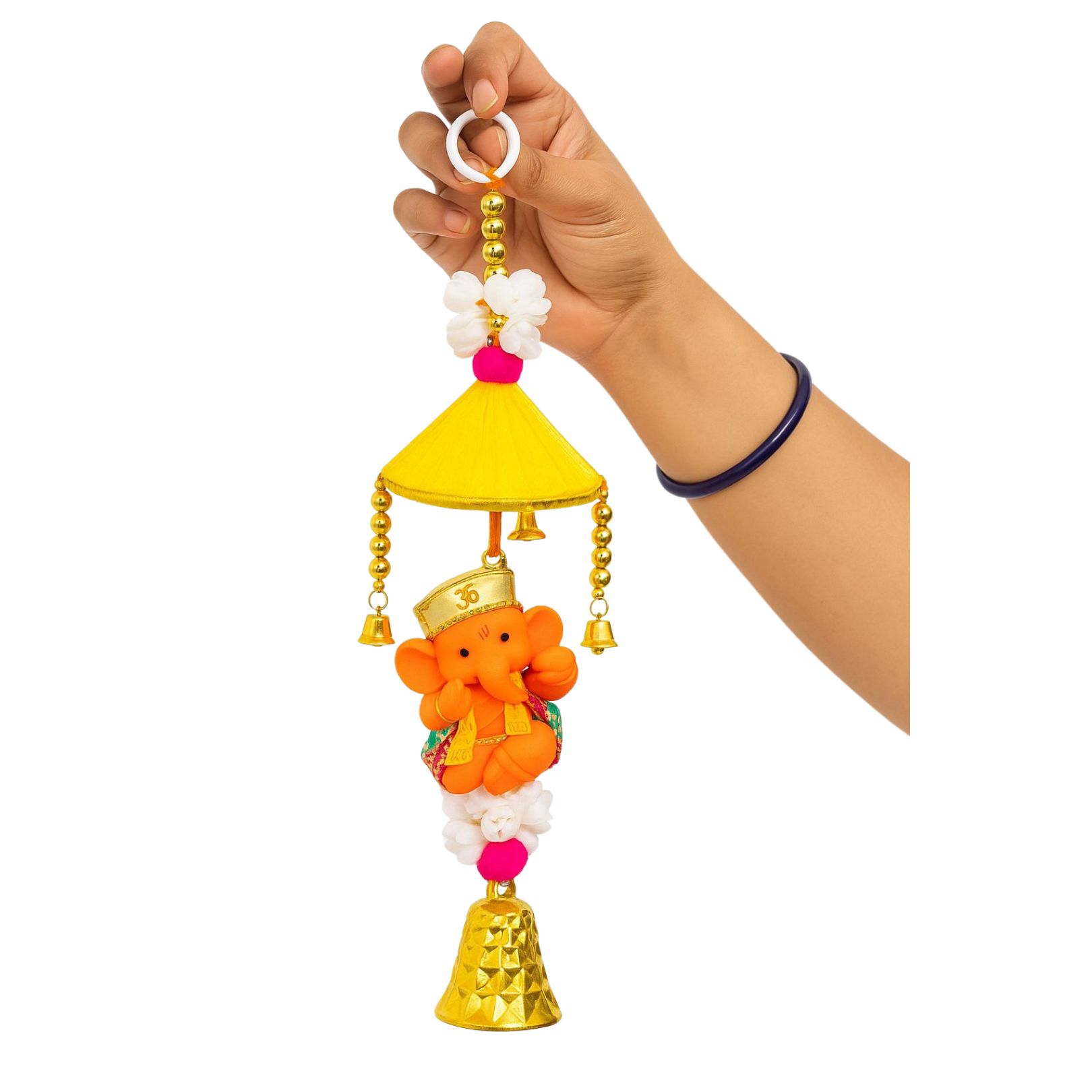 DEHATIBAZAR | Decorative Ganesha Wall Hanging, Yellow Umbrella Design with Bells, Traditional Indian Home Decor