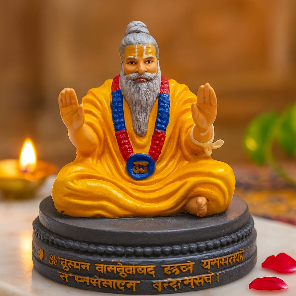 DEHATIBAZAR | Premanand ji Decorative Resin | Spiritual Guru Statue in Yellow Robe 4 inch |  Traditional Hindu Religious | Figurine with Sanskrit Base