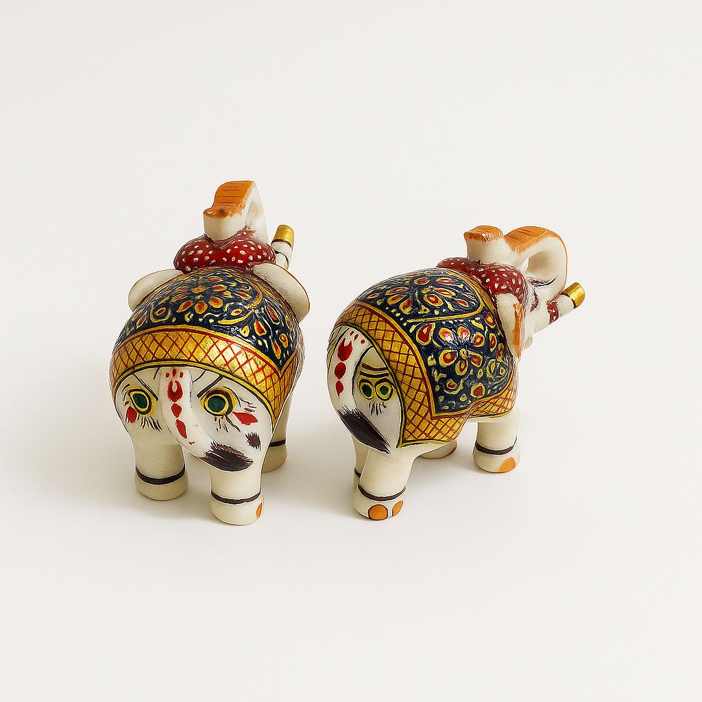 DEHATIBAZAR | Handcrafted Decorative Elephant Figurines 3 inch, Traditional Indian Art on Resin, Set of 2, White, Black and Orange