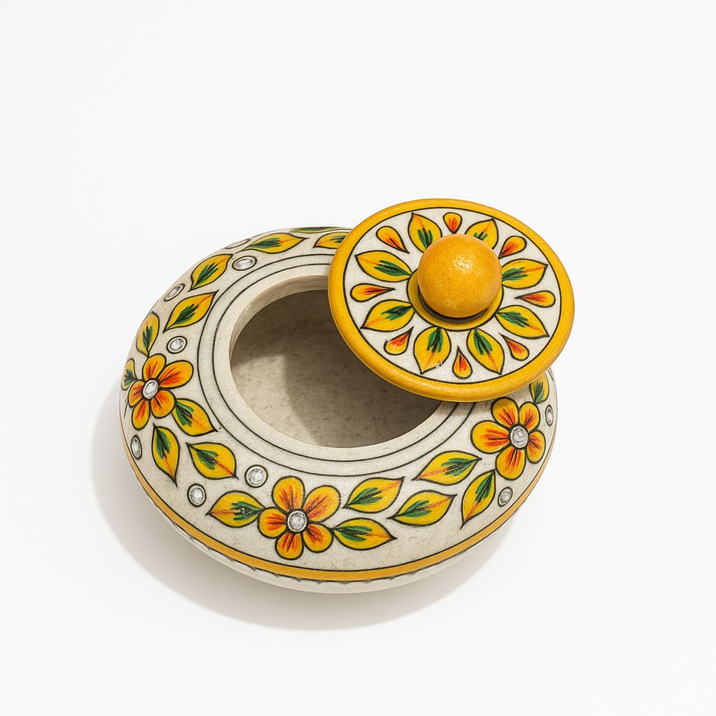 DEHATIBAZAR | Decorative Marble Sindoor Dani with Floral Design | Gold Accents and Crystal Embellishments. 3 inch
