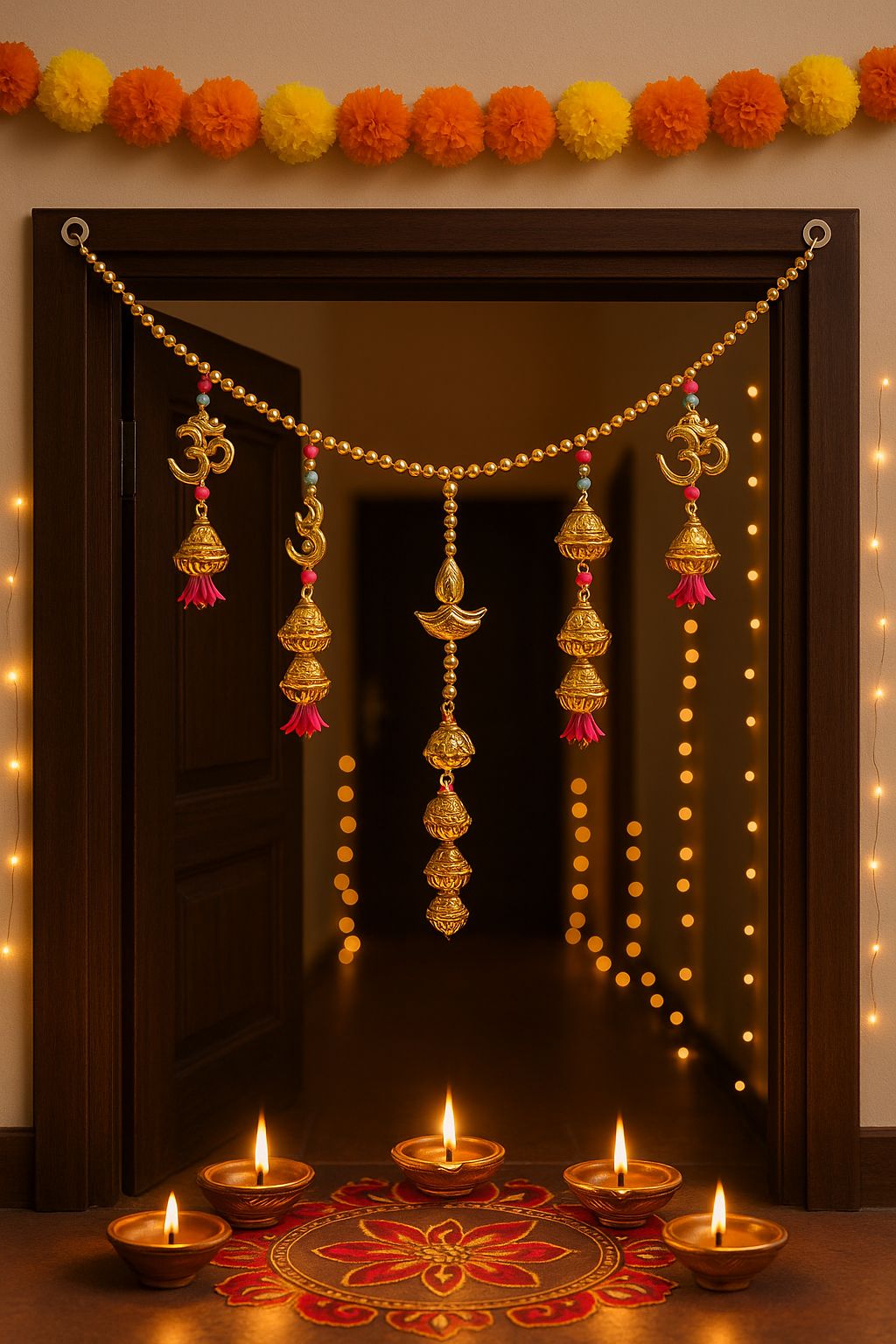DEHATIBAZAR | Traditional Gold-Plated Om Toran with Pink Tassels, Brass Bells Hanging, Decorative Door Hanging