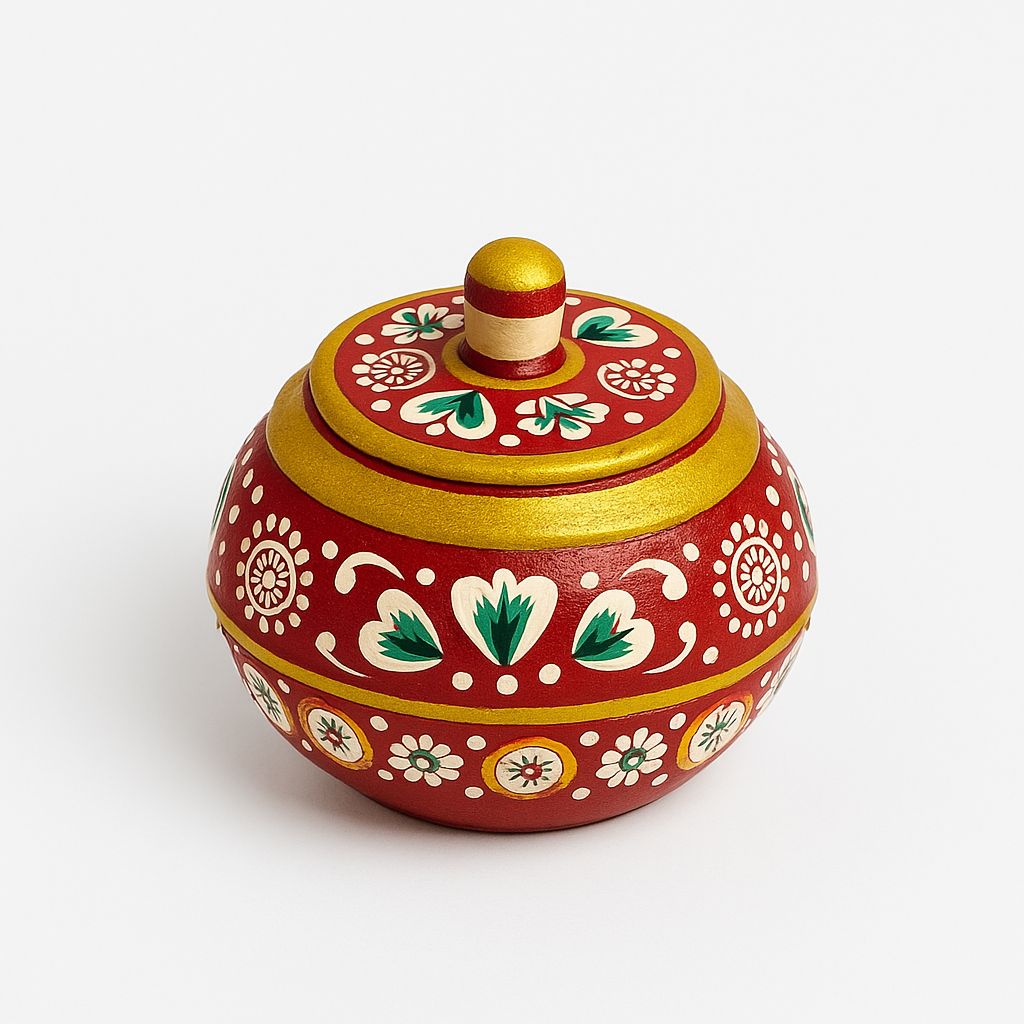 DEHATIBAZAR | Hand-Painted Marble Sindoor Dani | Round Red with Gold Trim | Traditional Floral Design | Decorative 2 inch Storage Container with Lid | Kukum Dabbi