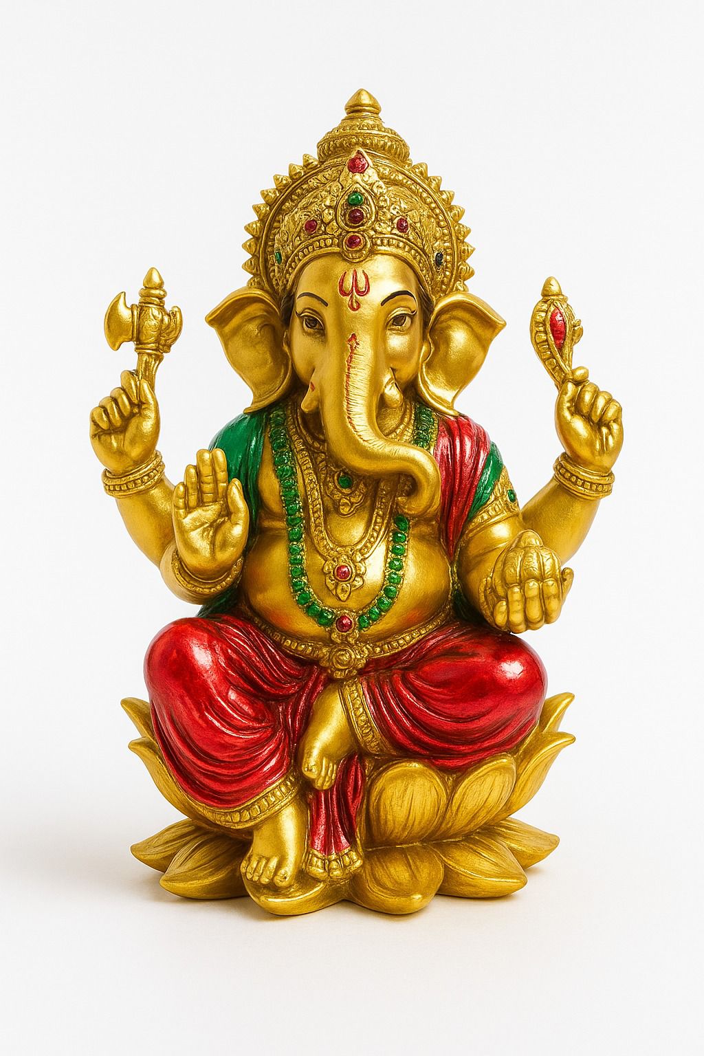 DEHATIBAZAR | Lord Ganesha Statue | Gold-Plated Decorative Idol with Red and Green Accents | Lotus Throne | Hindu Religious Figurine