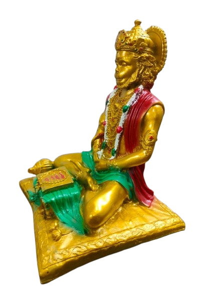 Decorative Hindu Deity Hanuman Statue, Gold-Plated Finish, Red and Green Accents, Traditional Seated Pose, Pothy Hanuman