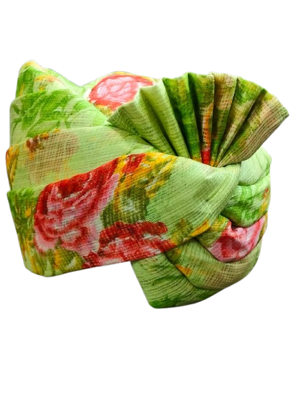 Traditional Indian Safa, Floral Print, Light Green with Red Flowers Turban