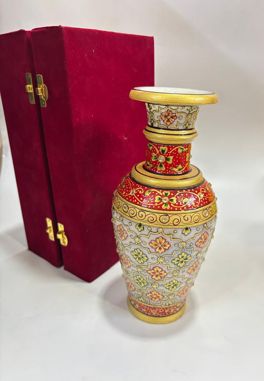 DEHATIBAZAR | Decorative Marble Vase 9 inch with Floral Design | Red and Gold Pattern | Velvet Gift Box