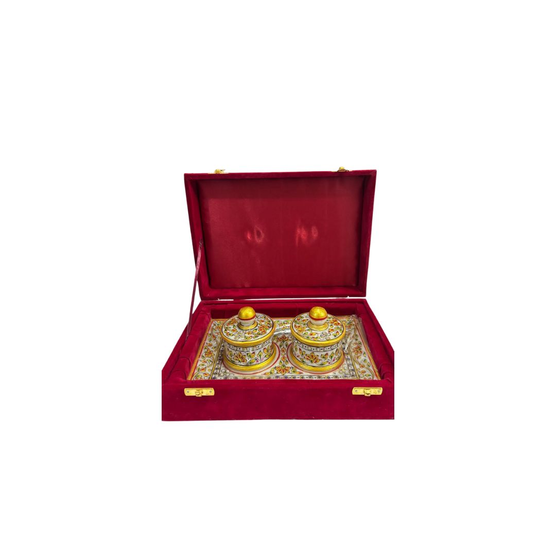 DEHATIBAZAR| Marble Meenakari Decorative Dry Fruit Box Set with 4 Containers and Tray | Gold Painted with Velvet Case