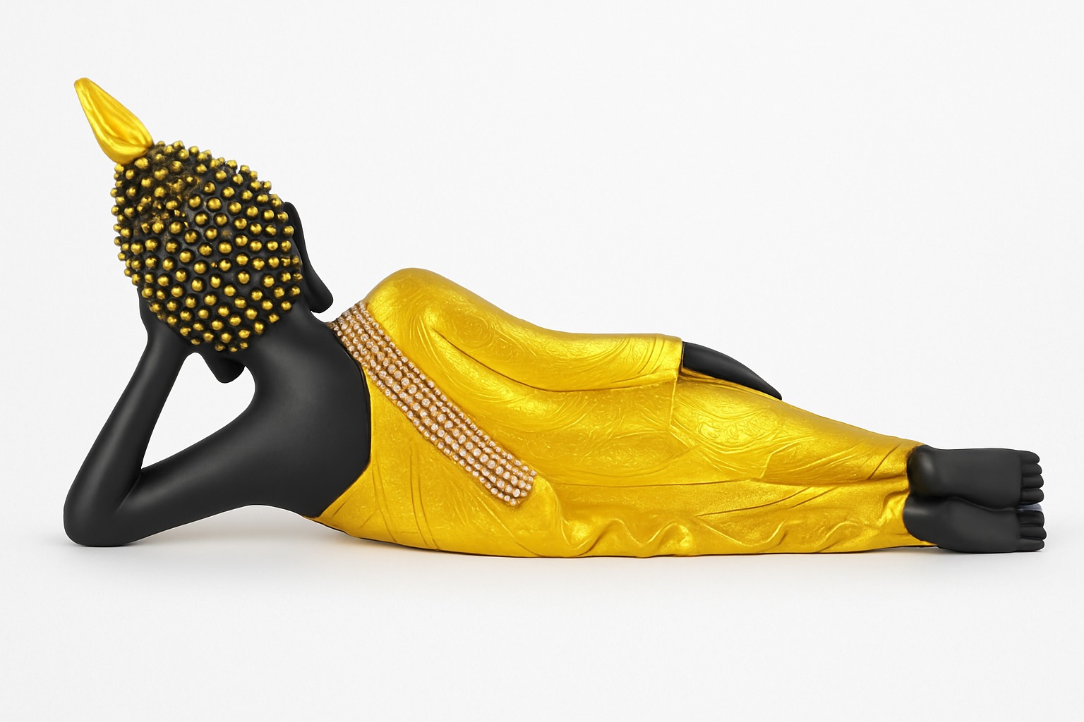 DEHATIBAZAR | Reclining Buddha Statue | Black and Gold | Decorative Figurine with Pearl Embellishments