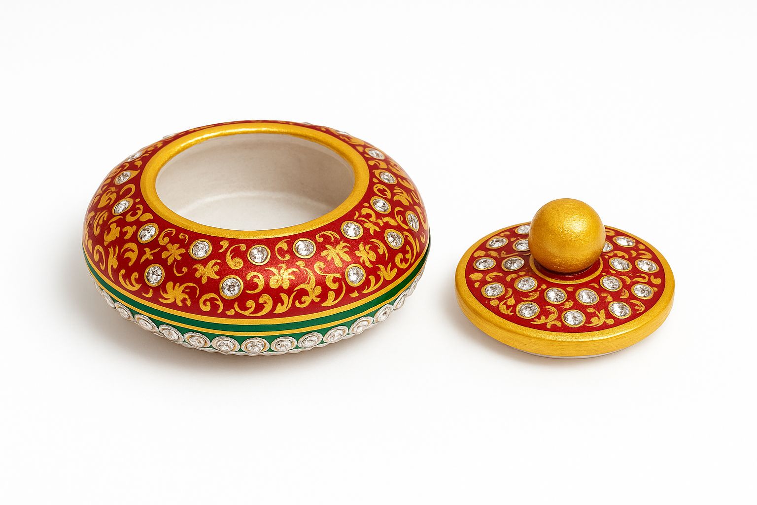 DEHATIBAZAR | Decorative Marble Sindoor Dani with Crystal Embellishments | Red and Gold Traditional Design, 3 inch