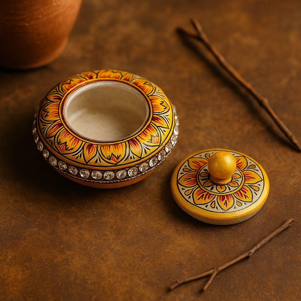 DEHATIBAZAR | Decorative Marble Sindoor Dani with Crystal Accents | Yellow Floral Design, 3 inch