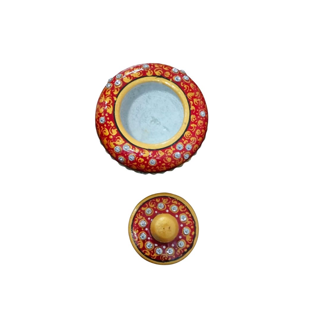 DEHATIBAZAR | Decorative Marble Sindoor Dani with Crystal Embellishments | Red and Gold Traditional Design, 3 inch
