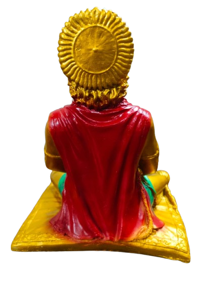 Decorative Hindu Deity Hanuman Statue, Gold-Plated Finish, Red and Green Accents, Traditional Seated Pose, Pothy Hanuman