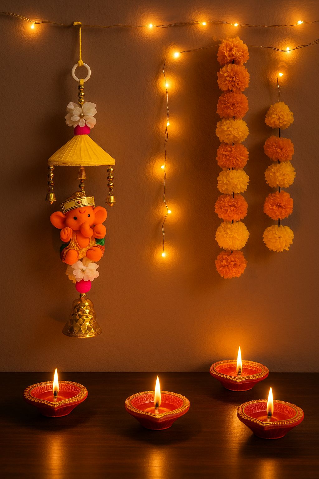 DEHATIBAZAR | Decorative Ganesha Wall Hanging, Yellow Umbrella Design with Bells, Traditional Indian Home Decor