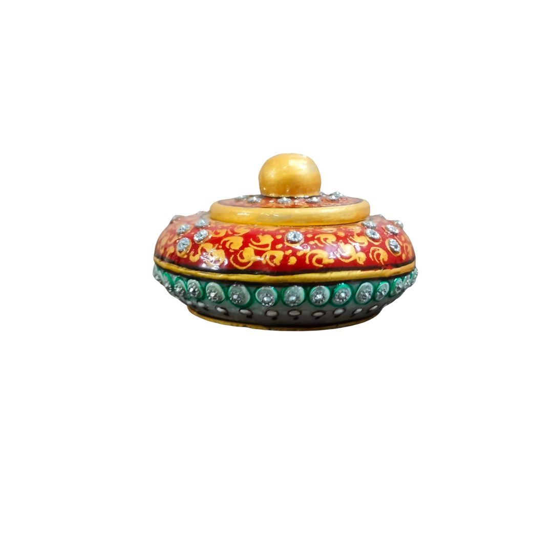 DEHATIBAZAR | Decorative Marble Sindoor Dani with Crystal Embellishments | Red and Gold  Traditional Design, 3 inch