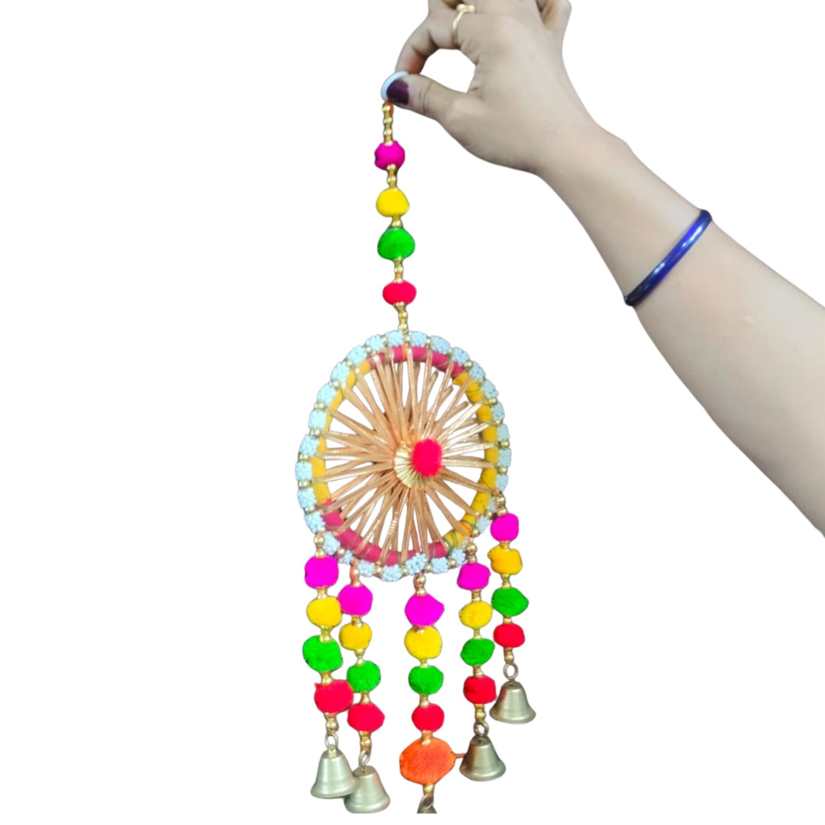 DEHATIBAZAR | Decorative Chakra Wall Hanging, Multicolour Beads with Bells, Traditional Indian Home Decor