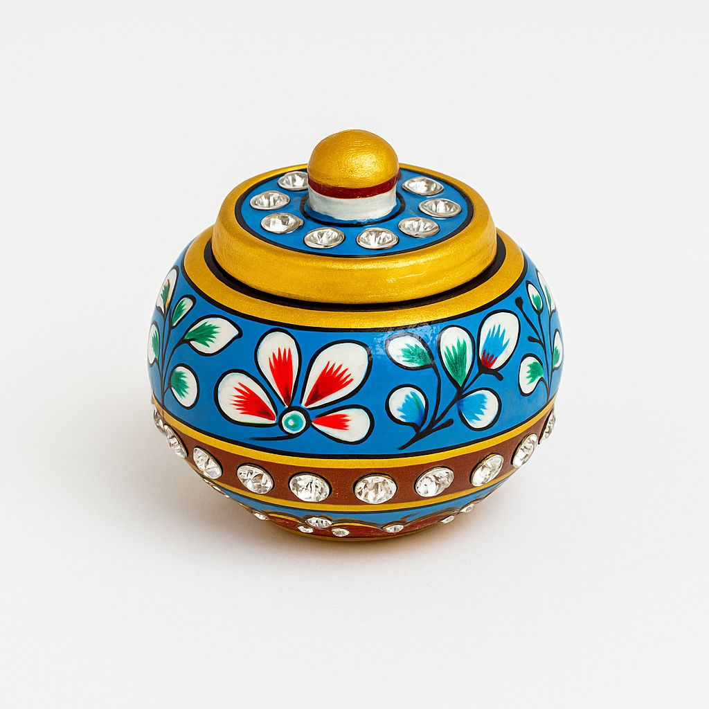 DEHATIBAZAR | Handcrafted Decorative Sindoor Dani, Blue and Gold Floral Design with Crystal Accents | Round 2 inch Trinket Storage Container | Kukum Dabbi