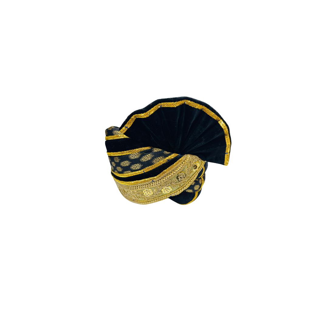 Traditional Black and Gold Turban, Brocade Pattern with Leaf Motifs, Decorative Pathani Safa