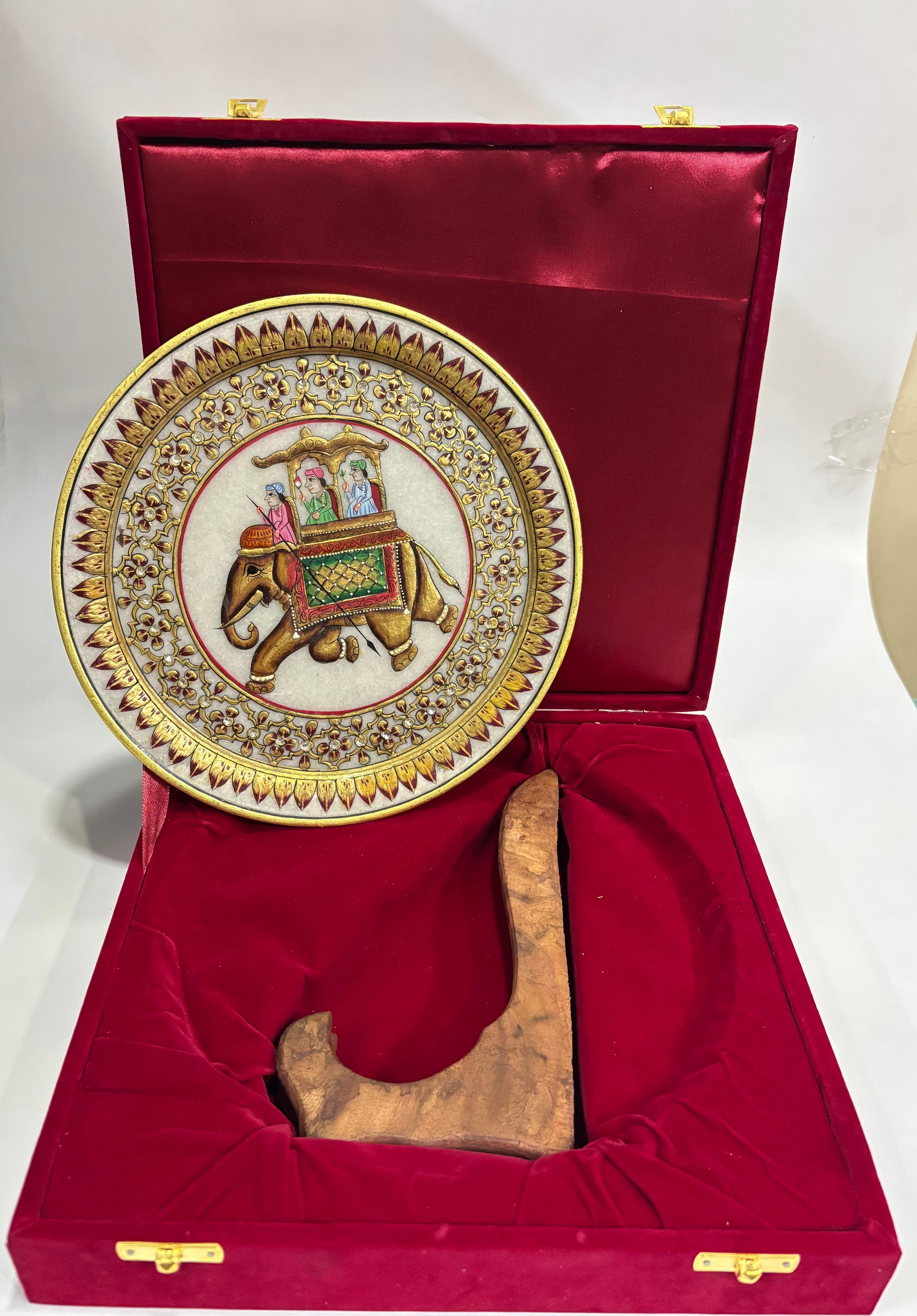DEHATIBAZAR | Decorative Marble Plate 9" with Elephant Design | Hand-Painted | with Wooden Stand and packed in Velvet Box