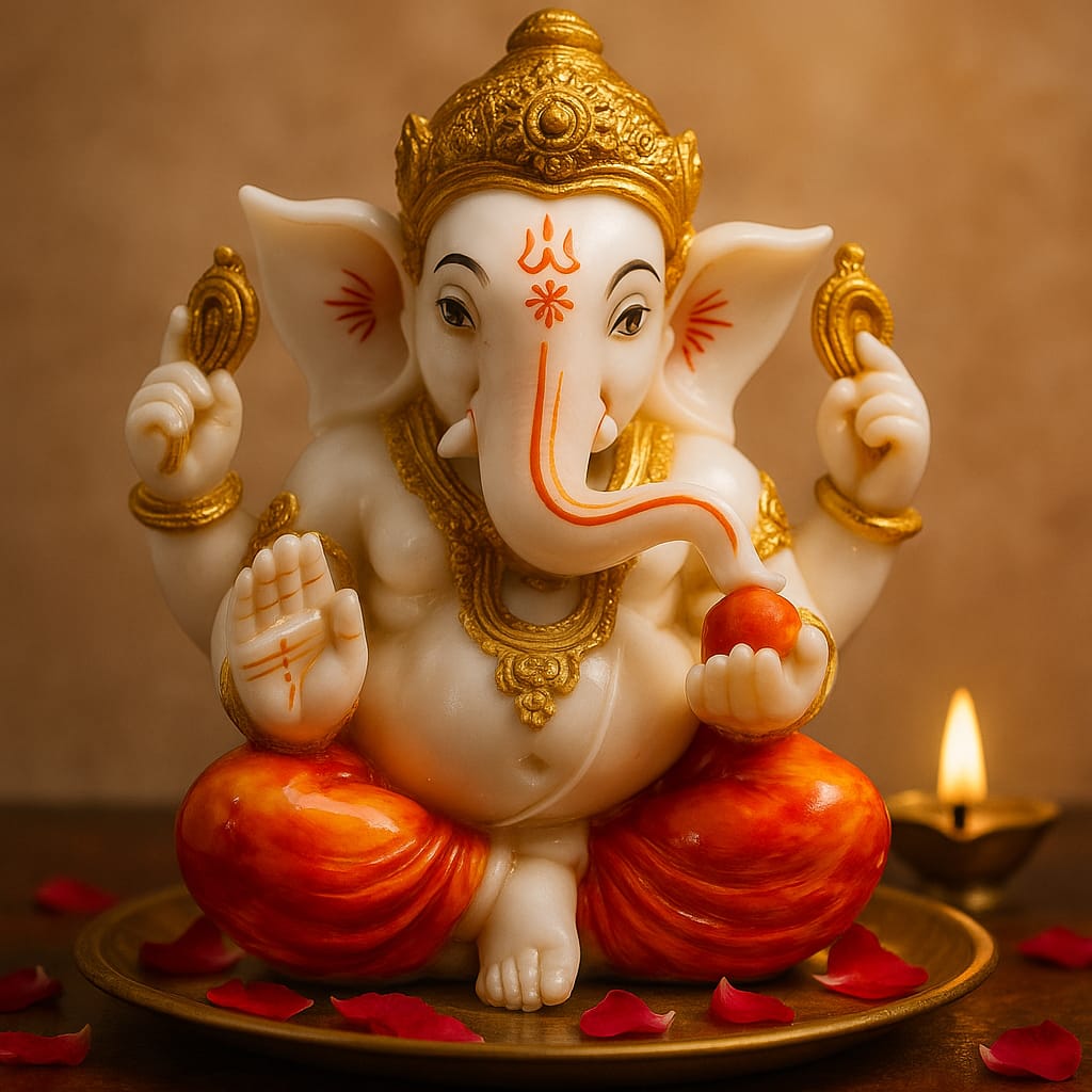 DEHATIBAZAR | Decorative Resin Lord Ganesha Statue 6 inch | White and Gold, Traditional Hindu Chaturbhuj Design with Orange Accents | Religious Home Decor