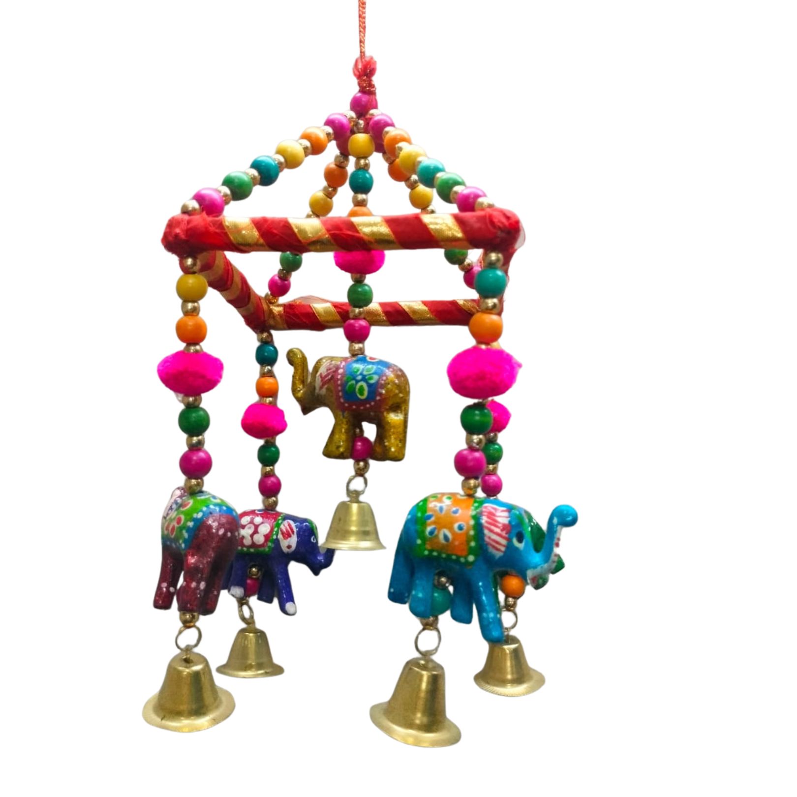 DEHATIBAZAR | Handcrafted Decorative Elephant Wind Chime, Multicolour Beaded Hanging with Brass Bells