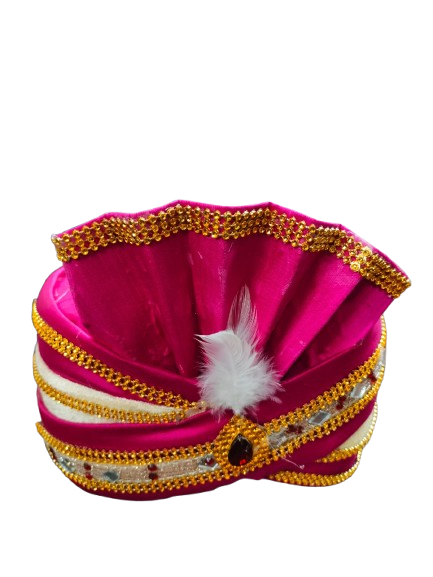 Traditional Pink Velvet Turban with Gold Trim and White Feather, Indian Wedding Pagdi, Bindayak pagdi for kids