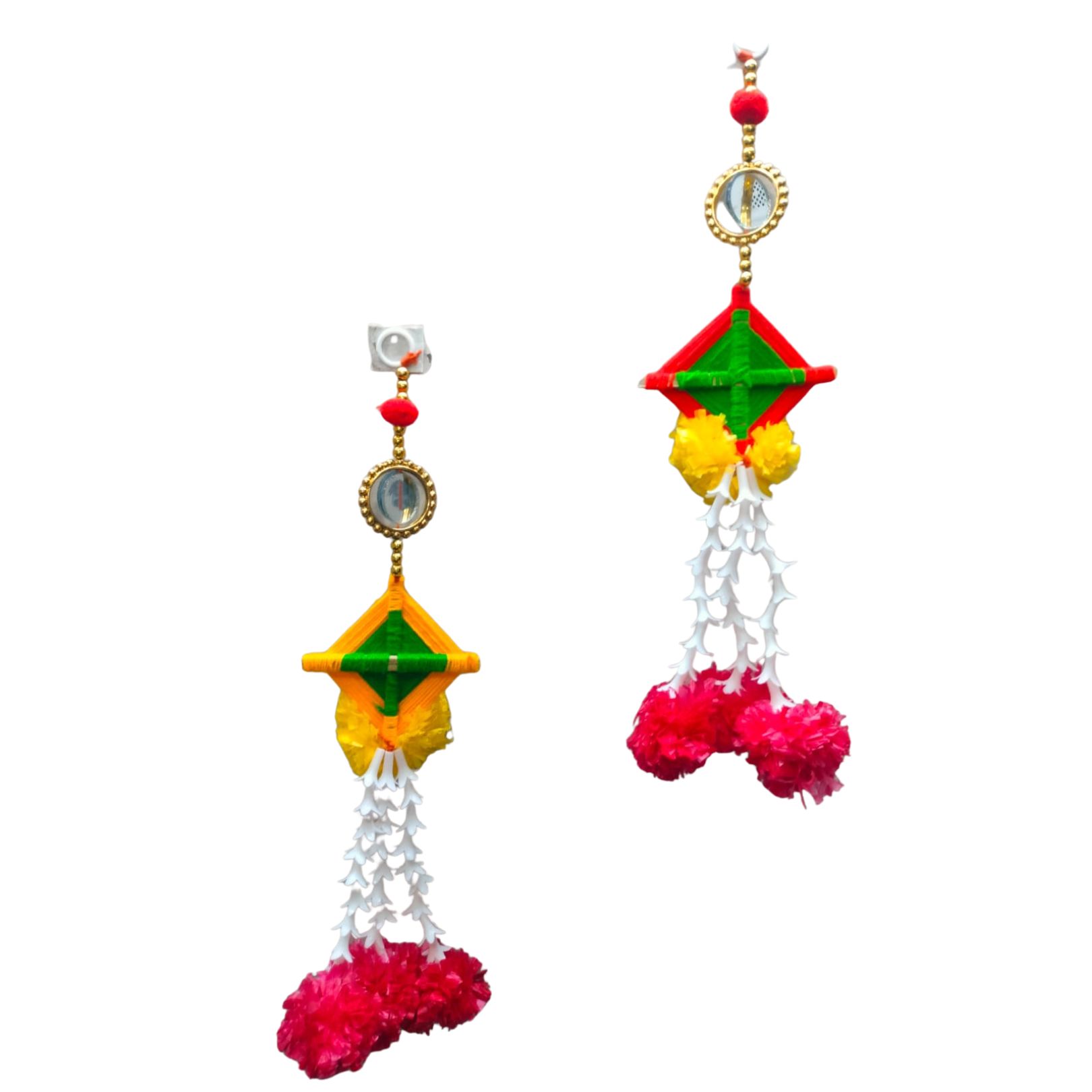DEHATIBAZAR | Decorative Kundal Hanging Ornaments with Pompoms, Traditional Design, Red Green Yellow, Set of 2