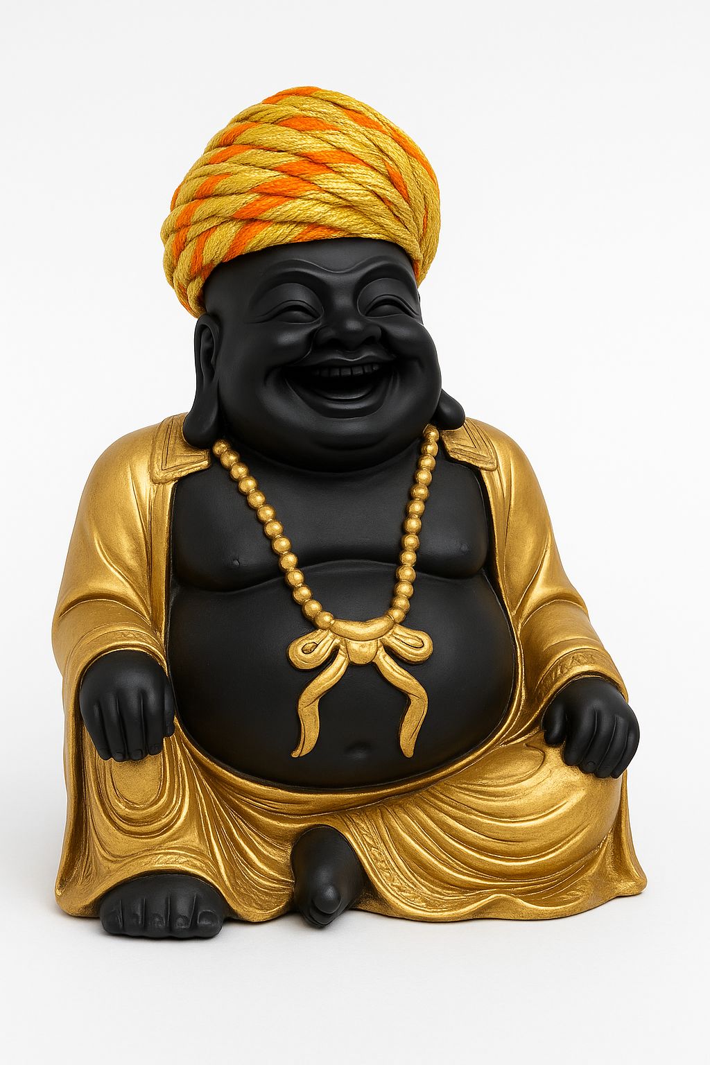DEHATIBAZAR | Decorative Laughing Buddha Statue 6 inch  with Rajasthani Pagdi, Black and Gold Finish