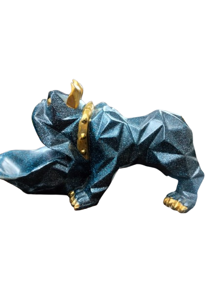 Toffy Dog Decorative Resin Figurine, Metallic Blue with Gold Accents, Geometric Design