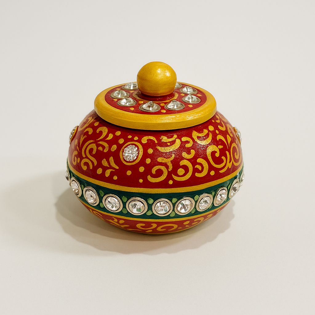 DEHATIBAZAR | Marble Sindoor Dani 2 inch with Lid |  Red and Gold Traditional Design | Hand-Painted Round Storage Container | Kukum Dabbi
