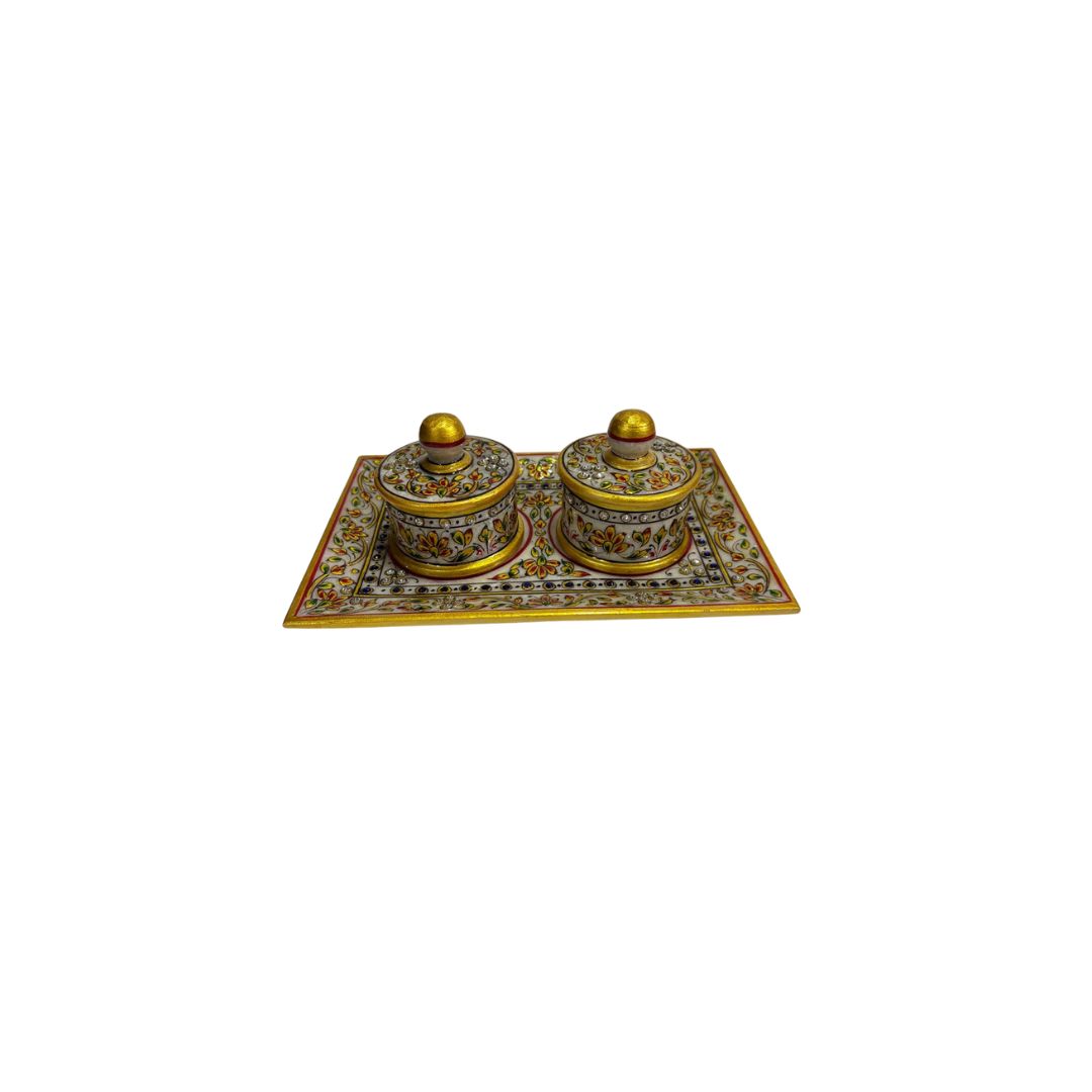 DEHATIBAZAR| Marble Meenakari Decorative Dry Fruit Box Set with 4 Containers and Tray | Gold Painted with Velvet Case