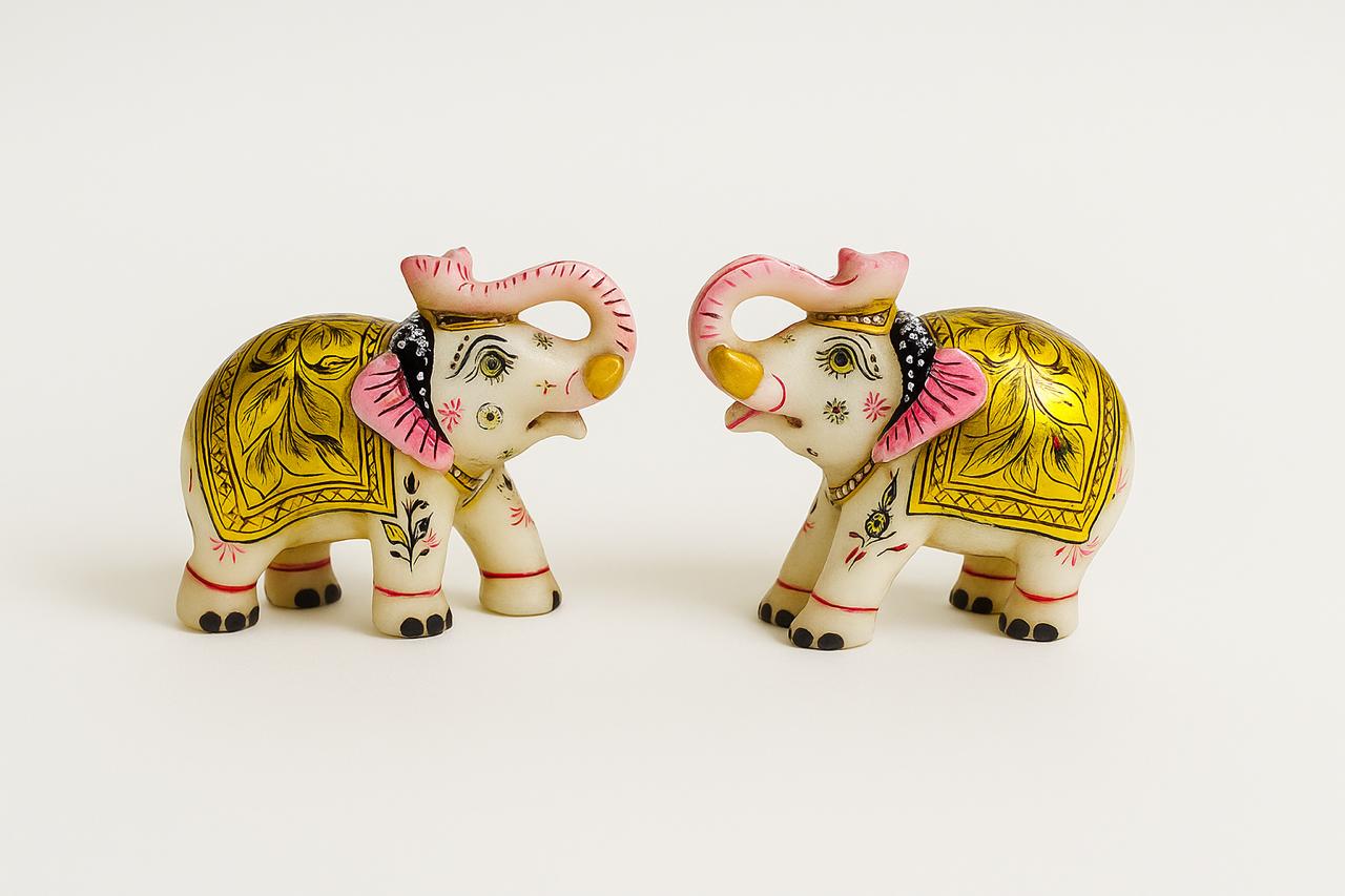 DEHATIBAZAR | Decorative Elephant Figurines Set 3 inch, Hand-Painted Gold and Pink Design, Traditional Indian Style, White Resin, Set of 2