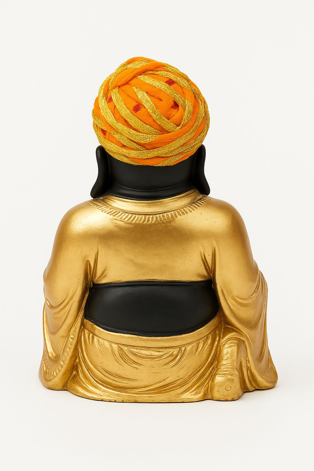 DEHATIBAZAR | Decorative Laughing Buddha Statue 6 inch  with Rajasthani Pagdi, Black and Gold Finish