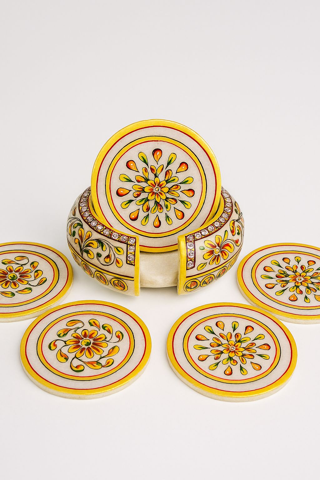 Handcrafted Premium White Marble Tea Coaster Set with Holder (Set of 6) – Traditional Floral Hand-Painted Table Decor