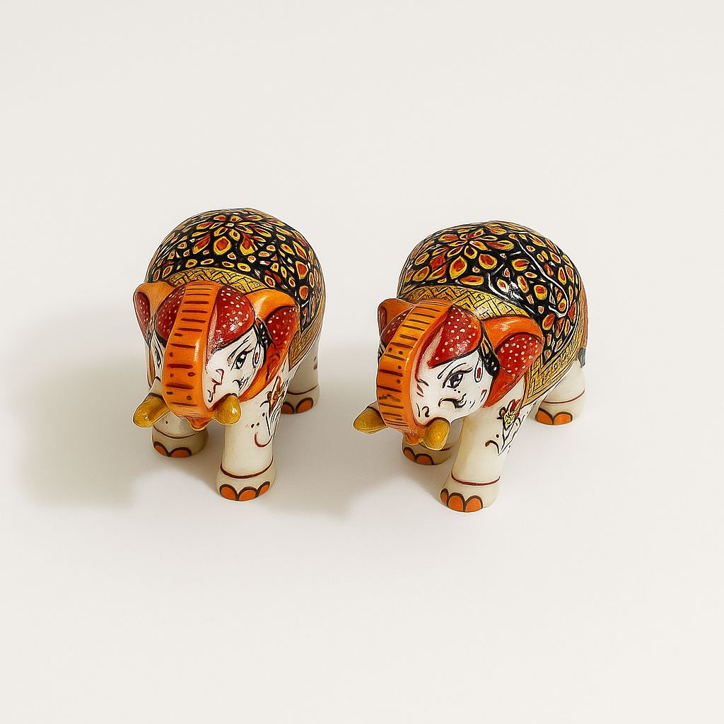 DEHATIBAZAR | Handcrafted Decorative Elephant Figurines 3 inch, Traditional Indian Art on Resin, Set of 2, White, Black and Orange