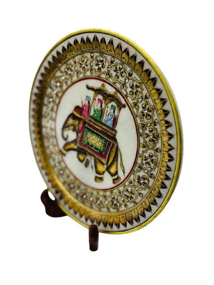 DEHATIBAZAR | Decorative Marble Plate 9" with Elephant Design | Hand-Painted | with Wooden Stand and packed in Velvet Box