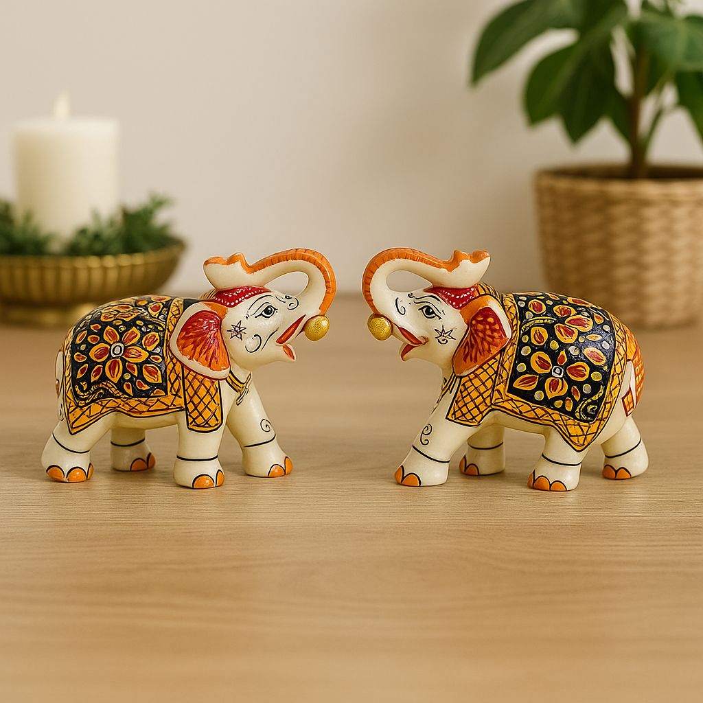 DEHATIBAZAR | Handcrafted Decorative Elephant Figurines 3 inch, Traditional Indian Art on Resin, Set of 2, White, Black and Orange