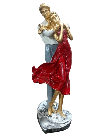 Romantic Dancing Couple Figurine, Red Dress and Blue Casual Wear, Decorative Resin Sculpture, Gold-Toned Accents