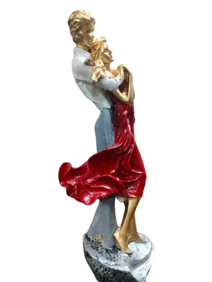 Romantic Dancing Couple Figurine, Red Dress and Blue Casual Wear, Decorative Resin Sculpture, Gold-Toned Accents